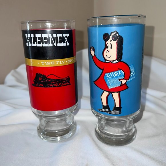 Vintage Kleenex Brand Promotional Glass Tumblers Drinking Glasses x2 Retro - Picture 2 of 14